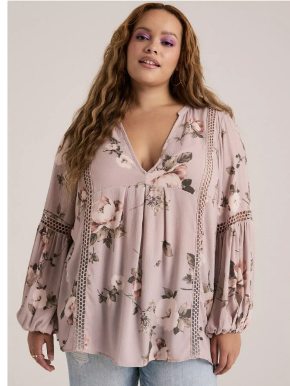 Torrid 1X Festi Inset Gauze Tunic Mauve Floral